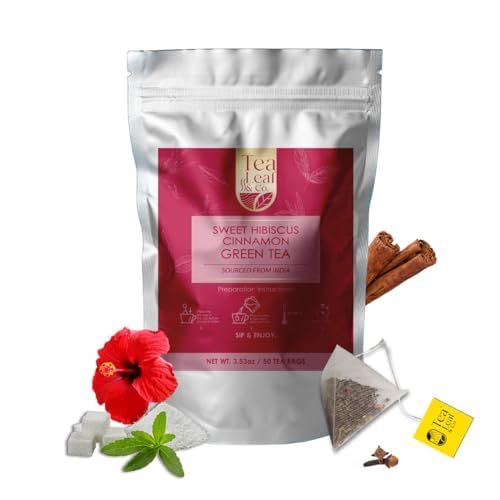 Tealeaf & Co. Sweet Hibiscus Cinnamon Green Tea with Hibiscus, Cinnamon, Stevia & Clove - Organic Green Tea Bags with Fresh Herbs and Spices (Low Caffeine) - 100 Teabags (7.055oz/200gm)