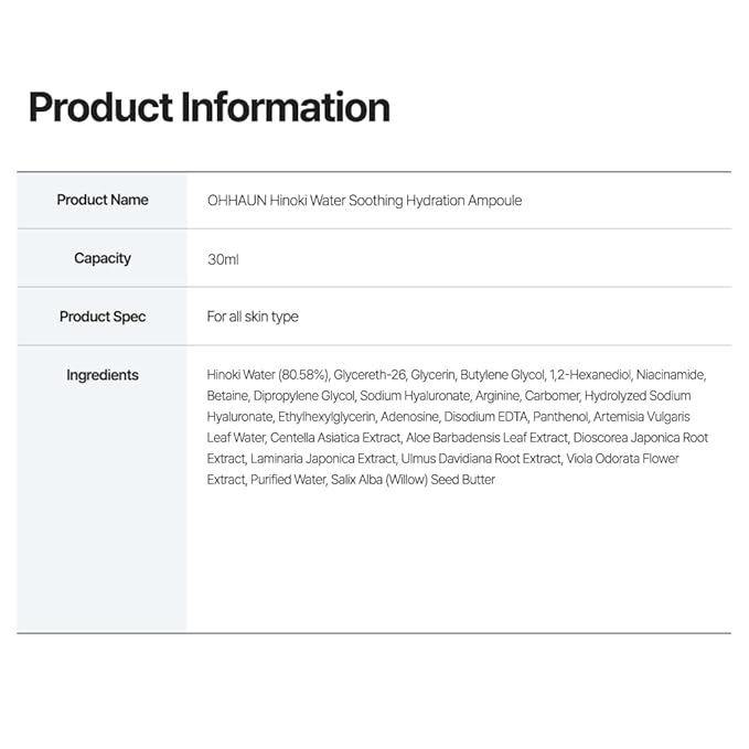 OHHAUN Cypress Water Ampoule - Deep Hydration Serum for Sensitive Skin, Vegan Formula, 80% Cypress Extract - 30ml