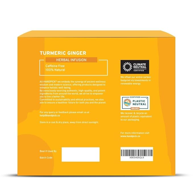 HANDPICK, Organic Turmeric Ginger Tea, 100 Eco-Conscious Tea Bags | Caffeine Free, Gluten Free, Non-GMO | 100% Pure Herbal Blend - Savory & Spicy