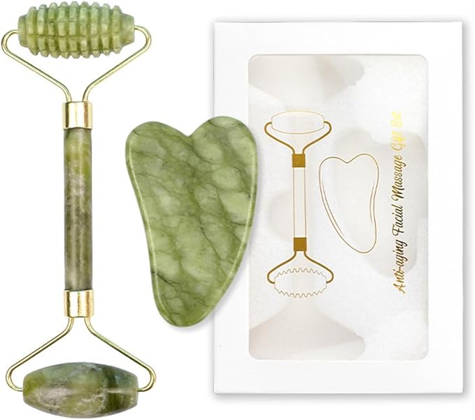 Jade Gua Sha Facial Tools Face Roller Set guasha Reduce Puffiness Wrinkles Improve Skin Tone Gua Sha Stone for Lifting Toning Skincare Beauty Tools for Men Women Self Care Gift Set (Green)