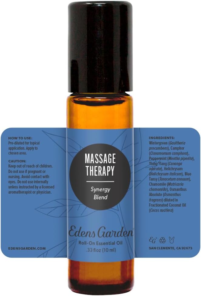 Edens Garden Massage Therapy Essential Oil Roll-On Blend- 100% Pure Premium Grade, Natural, Therapeutic, Aromatherapy, Kid & Skin Safe, The Best for Comfort, Relaxation Pre-Diluted 10 ml (.33 fl oz)