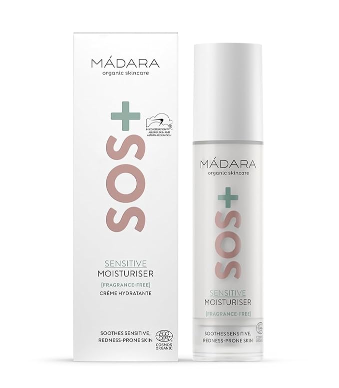 MÁDARA Organic Skincare | SOS+ SENSITIVE Moisturiser, 50ml – Lightweight sensitive skin moisturiser for redness-prone and reactive complexions, With hyaluronic acid and red algae, Fragrance-free.