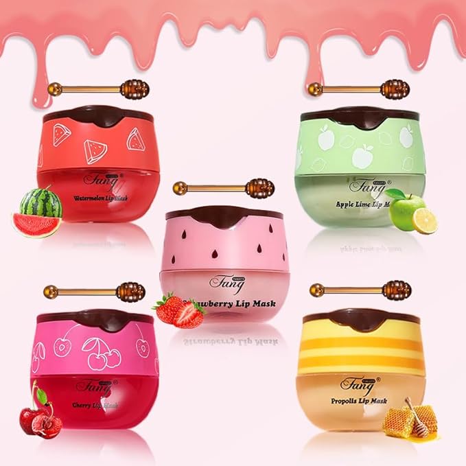 5PCS Bee Lip Balm Honey Pot,Honey&Strawberry&Watermelon&Cherry&Apple Lip Mask Overnight Propolis Moisturizing Lip Balm Hydrating Prevention Dry and Crack Lip Scrubs Exfoliator Lip Wrinkle Care