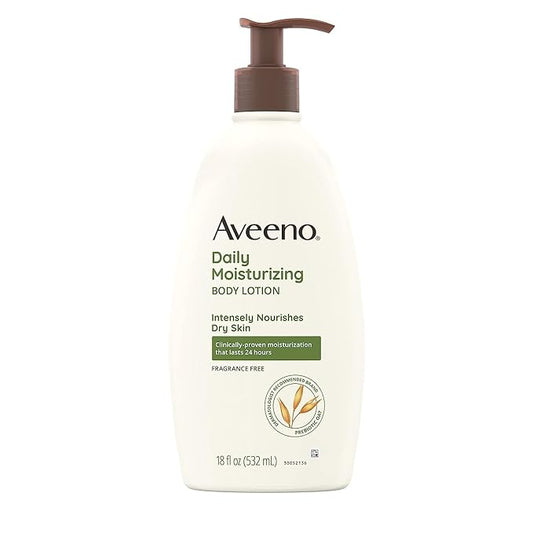 Aveeno Daily Moisturizing Body Lotion, Body Lotion for Dry Skin with Prebiotic Oat, Paraben Free, Fragrance Free, Non-Greasy, Non-Comedogenic Moisturizer, 18 FL OZ