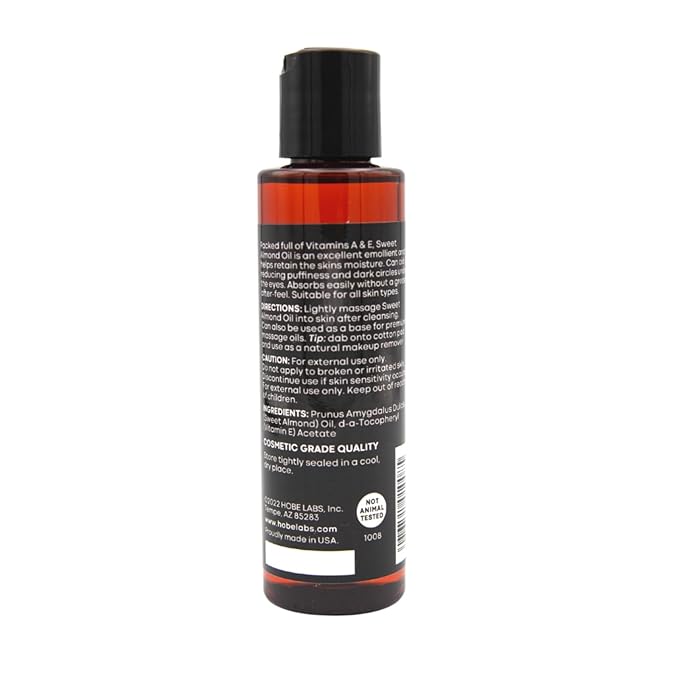 Hobe Labs Sweet Almond Oil, 4 oz - Skin Soothing Properties, Effective Emollient, Improves Skin Health, Fights Puffiness and Dark Circles, Non-Greasy Formula