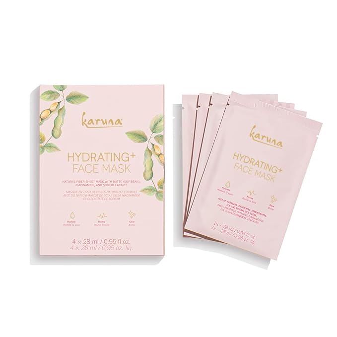 Karuna Skin - Hydrating+ Sheet Masks for Well-Moisturized & Hydrated Skin, Glow-Enhancing Face Masks Skin Care Products, Hydrating Facial Masks with Natto, Niacinamide & Sodium Lactate, 4 Sheets