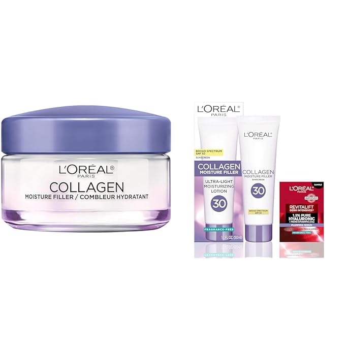 L’Oréal Paris Collagen Daily Face Moisturizer, Reduce Wrinkles, Face Cream 1.7 oz + L'Oreal Paris Collagen Moisture Filler Face Cream with Broad Spectrum SPF 30, + Face Serum Sample