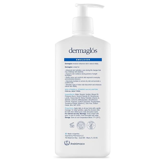 Dermaglos Moisturizing Body Lotion for Dry Skin with Extra Vitamin A, Vitamin E & Allantoin | Hydrating Emulsion & Regenerating formula for Stretch Marks, Tattoos, Scars & Wrinkles | 13.52 Fl Oz