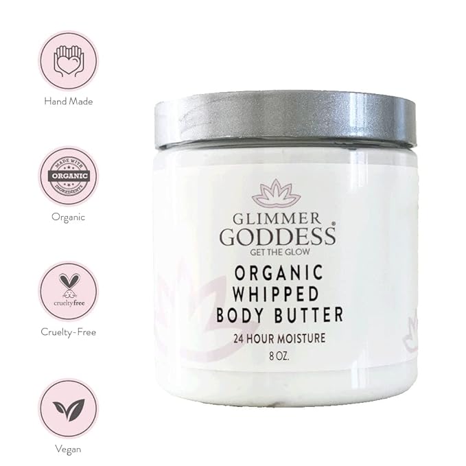 GLIMMER GODDESS Organic Whipped Body Butter- Lavender Orange, Vegan, 24 Hr Hydration, Less Stretch Marks, All Skin Types, Child-Safe, Organic, 8 oz