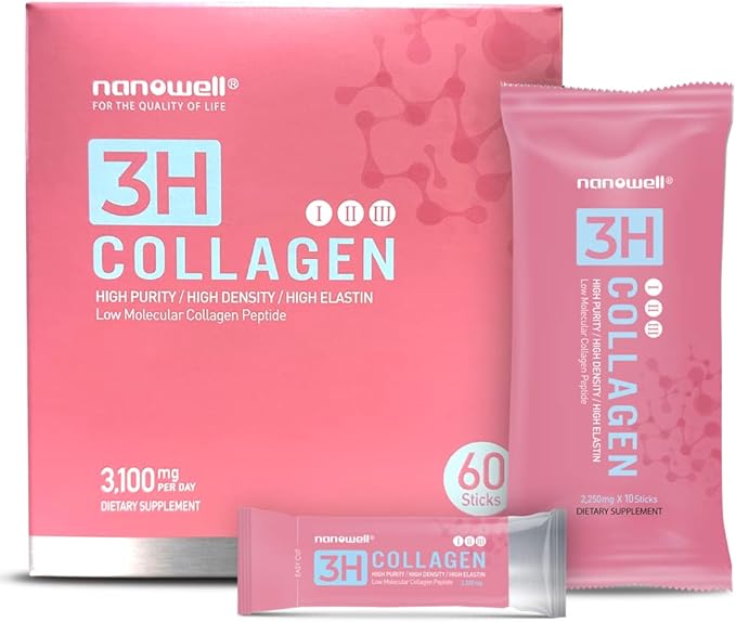 3H Collagen Peptide 60 Sticks X 5 Boxes for 5 Months - I, II, & III with Vitamin A,C, E Hydrolyzed Elastin Peptide and Hyaluronic Acid - Hair, Nail, Skin, and Joint Support (300 Count)