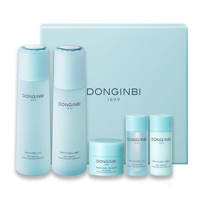 Donginbi Hydra Bounce Skin Care Set - Hydrating Toner, Firming Cream, and Face Moisturizer with Korean Red Ginseng and Hyaluronic Acid, Korean Skin Care Gifts for Women, Travel Kit