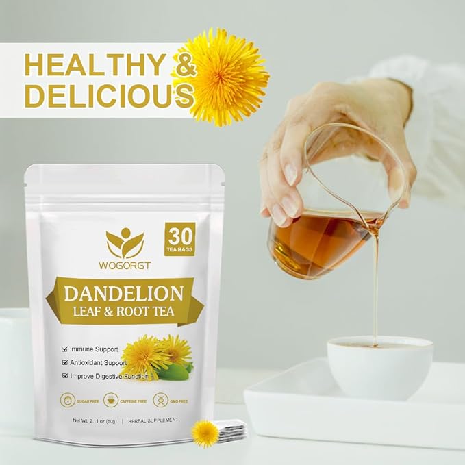 Organic Dandelion Leaf & Root Tea - Natural Dried Dandelion Herbal Tea for Liver Support, Antioxidant, Digestion and Immune Support, Caffeine Free - 30 Tea Bags