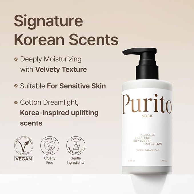PURITO Luminous Moisture Shea Butter Body Lotion, Shea Butter, Gentle on Skin, Moisturizing, Dry Skin, Pump Bottle, K-Beauty, 300ml / 10.14 fl. oz. (Cotton Dreamlight, 10.14 fl. oz.)