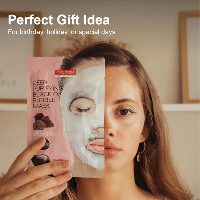 Purederm Deep Purifying Black O2 Bubble Mask Volcanic (10 Pack) - Bubble Face Sheet Mask for Purifying & Deep Cleansing