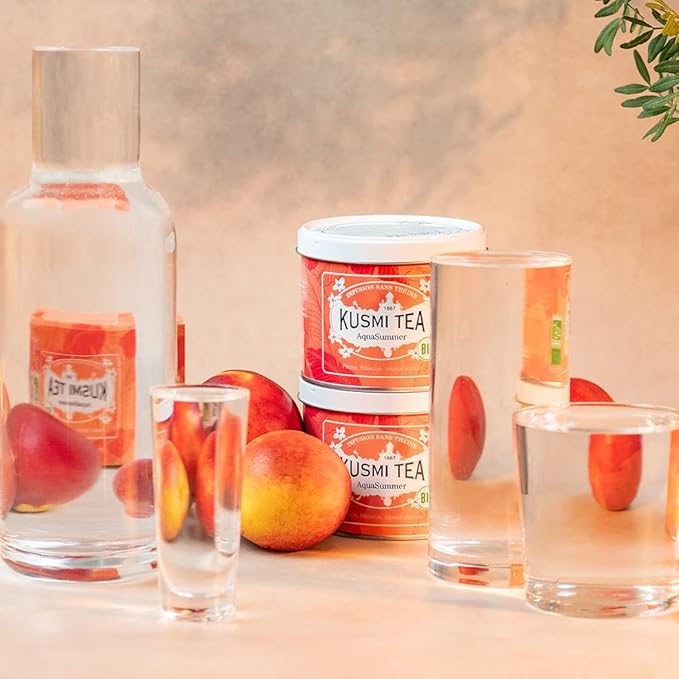 Kusmi Tea - AquaSummer - Organic Blend of Hibiscus, Apple, Apricot & Peach - Caffeine Free Herbal Tea - Enjoy Hot or Iced - Loose Leaf Tea - Tin Box of 3.5 oz - Quantity for about 50 cups