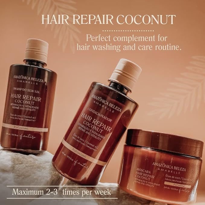 AMAZONICA BELEZA Coconut Hair Mask, Repairs Damaged Hair and Restores Hair Proteins for Healthy, Vital Hair, with Coconut Oil, Sulfate & Parabens Free, Professional Line, 10 Oz