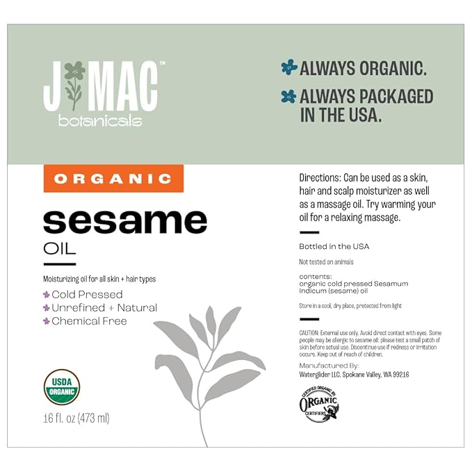 J Mac Botanicals, Organic Sesame Oil, Cold-Pressed, Organic Sesame Oil for Skin, Pulling