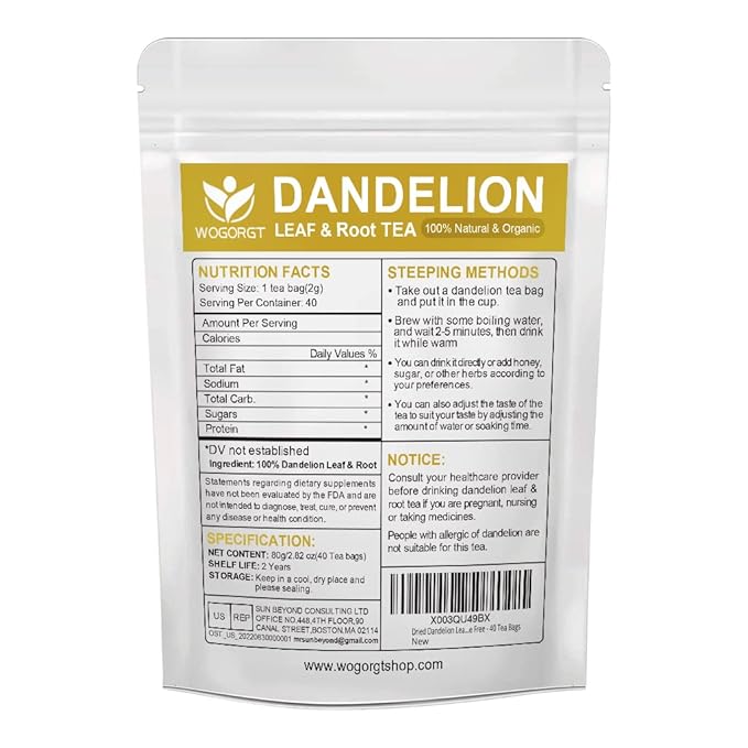 Dried Dandelion Leaf & Root Tea - Natural Dandelion Herbal Tea for Liver Support, Antioxidant, Digestion and Immune Support, Caffeine Free - 40 Tea Bags