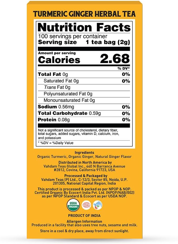 VAHDAM, Organic Turmeric Ginger Herbal Tea Bags (100 Pyramid Tea Bags) Caffeine Free, Non GMO | 100% Pure Herbal Blend - Savory & Spicy, Plant-Based Teabags | Resealable Ziplock Pouch