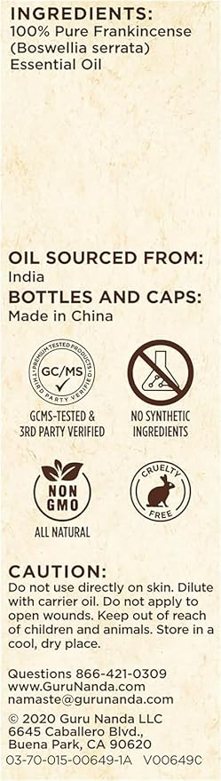 GuruNanda Frankincense Essential Oil (0.5 Fl oz) - 100% Pure, Natural and Undiluted Diffuser Oil for Aromatherapy, Massages & DIY Recpies - Supports Join Health & Promotes Radiant Skin