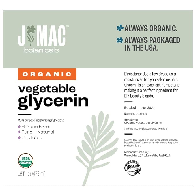 J MAC BOTANICALS Organic Vegetable Glycerin 16 oz - TWO PACK (32 oz total)