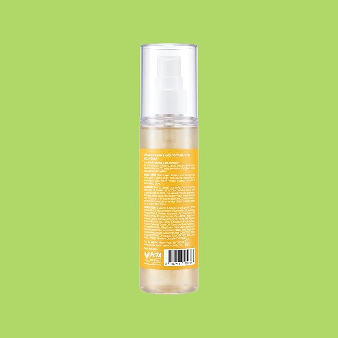 All About Glow BODY SHIMMER MIST – GLITZY GOLD Gold pearl shimmer oil spray