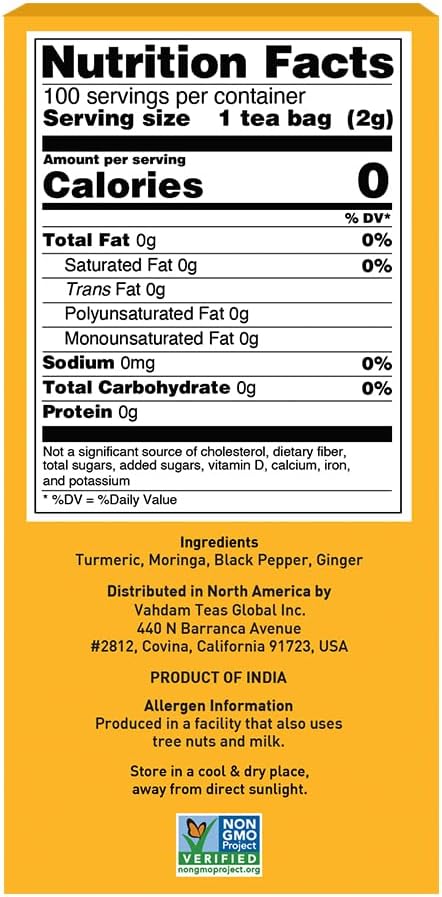 VAHDAM, Turmeric Moringa Tea Bags (100 Herbal Tea Bags) Caffeine Free, Non GMO, Gluten Free | 100% Pure Herbal Blend - Sweet & Earthy | Resealable Ziplock Pouch