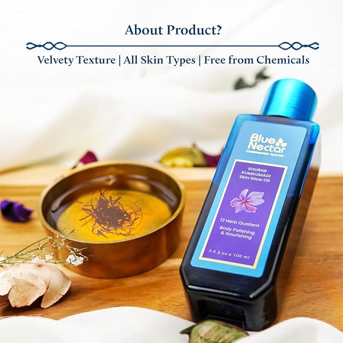 Blue Nectar Kumkumadi Body Oil for Glowing Skin | Moisturizing Body Oil for Dry Skin with Relaxing Aroma | Plant Based Body Oil for Women & Men (12 Herbs, 6.76 fl oz)