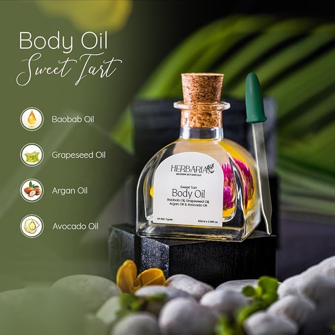 Herbaria Body Oil - Sweet Tart (3.38 fl oz) | Luxurious Body Oil - ALL SEASON | 100% Vegan Enriched With Grapeseed Oil, Pomegranate Oil, Avocado Oil, Argan Oil, Baobab Oil | 100% Sustainable