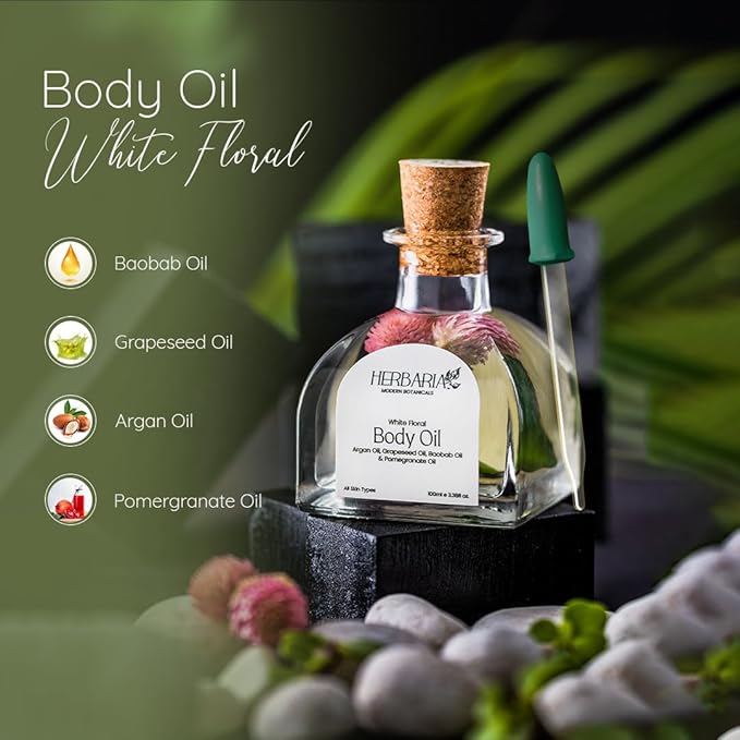 HERBARIA Body Oil - White Floral (3.38 fl oz) | Luxurious Body Oil - ALL SEASON | 100% Vegan Enriched With Grapeseed Oil, Pomegranate Oil, Avocado Oil, Argan Oil, Baobab Oil | 100% Sustainable