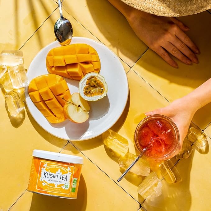 Kusmi Tea - AquaExotica - Organic Blend of Hibiscus, Mango, Dragon Fruit & Apple - Caffeine Free Herbal Tea - Enjoy Hot or Iced - Loose Leaf Tea - Tin Box of 3.5 oz - Quantity for about 50 cups