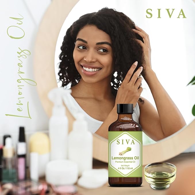 SIVA Lemongrass Essential Oil - 4 Fl Oz – Natural Lemongrass Oil - for Diffuser, Face, Skin Care, Aromatherapy, Hair Care, Scalp and Body Massage - with Dropper