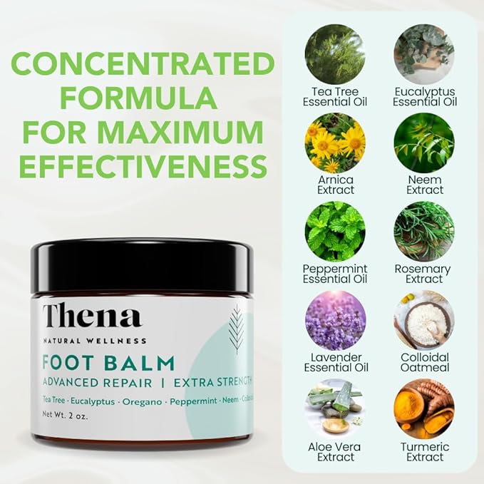 THENA Athletes Foot Treatment Balm Extra Strength, Tea Tree Foot Cream, Heals Dry Cracked Feet Heels Itchy Skin Nails Toenails Advanced Foot Care for Men Women