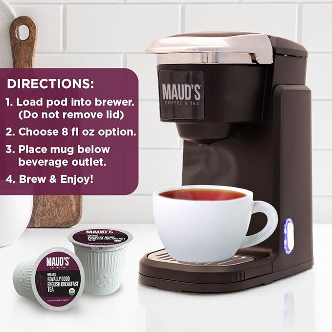 Maud's Organic English Breakfast Tea Pods, 24 ct, Recyclable Single Serve Tea Pods – 100% Gourmet Blended Tea Leaves, Compatible with Keurig K Cups Maker