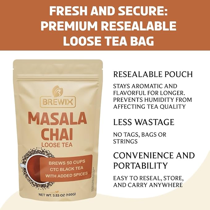 BREWIX, Masala Chai Tea Loose Leaf CTC TEA (50+ Cups, 3.53oz/100g) Strong Robust & Aromatic, All Natural | Blended with Exotic Spices | Ginger, Cinnamon, Cardamom, Clove & Black Pepper