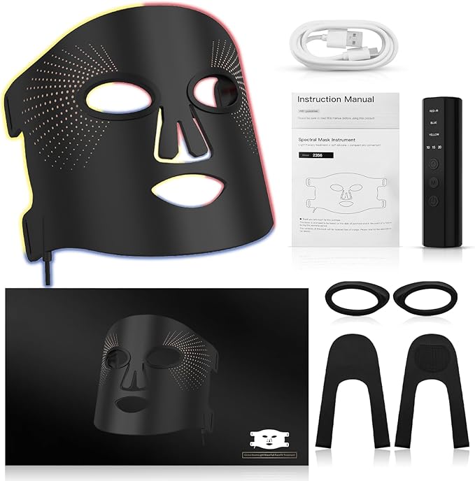 LED Face Mask 3 Colors Light Therapy Facial Photon Beauty Device Skin Care at Home for Facial Rejuvenation, Wrinkles Reduction, Anti-Aging (Black)
