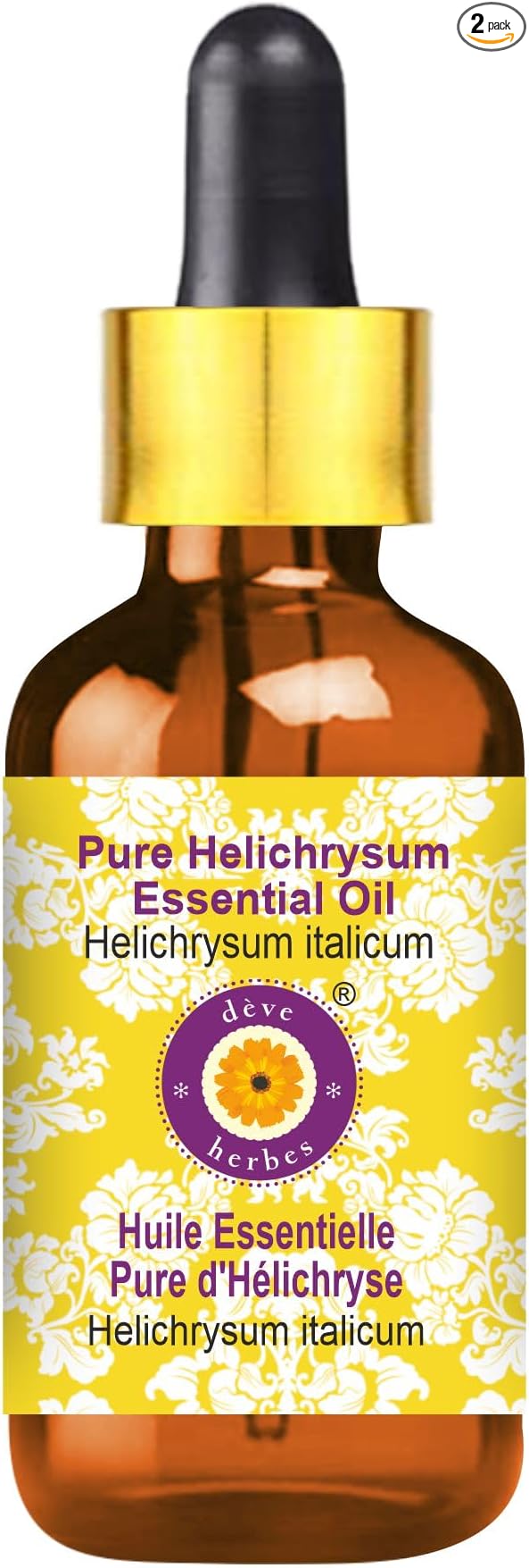Deve Herbes Pure Helichrysum Essential Oil (Helichrysum italicum) with Glass Dropper Steam Distilled 2ml (0.06 oz)