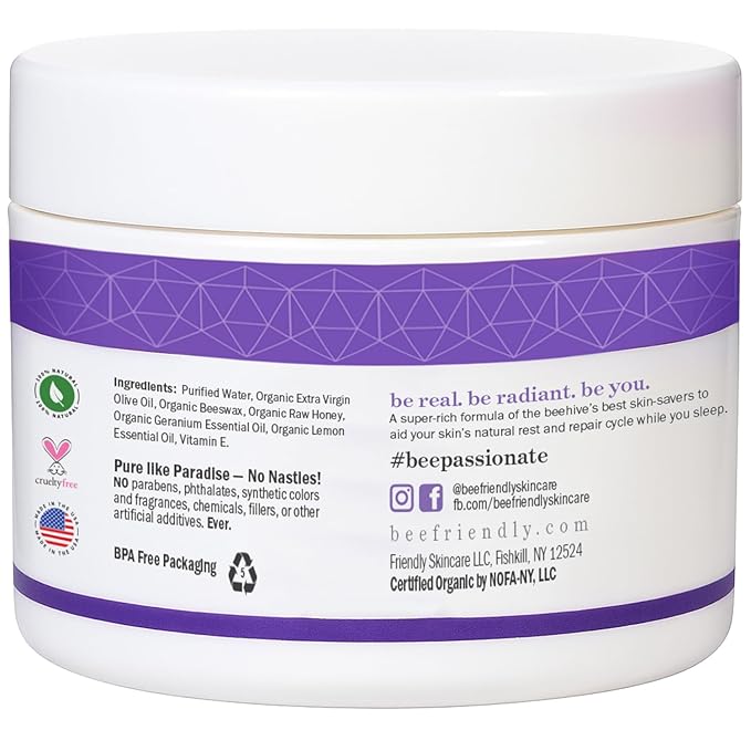 BeeFriendly Best Night Cream Natural USDA Certified Organic Night Cream, Anti Wrinkle, Anti Aging, Deep Hydrating & Moisturizing Night Time Eye, Face, Neck & Decollete Cream for Men and Women 2 oz