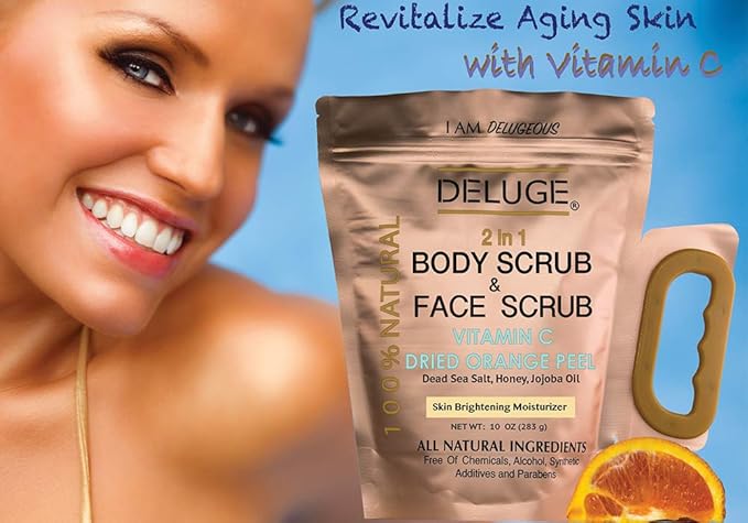 DELUGE - VITAMIN C SCRUB. DRIED ORANGE PEEL. DEAD SEA SALT, HONEY AND JOJOBA OIL. Net Weight 10 oz