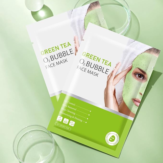 IREV 10 Pack Green Tea O2 Bubble Face Masks Sheet, Bubble Facial Mask, Foaming Face Mask, Purifying Facial Mask for Acne and Pores, Moisturizing Spa Face Masks Skincare, Brightening Beauty Masks