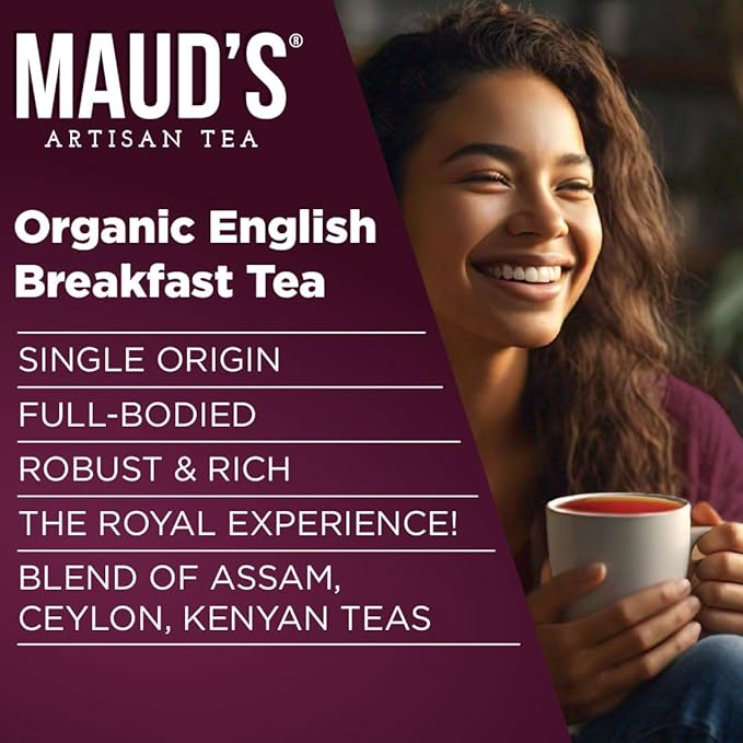Maud's Organic English Breakfast Tea Pods, 24 ct, Recyclable Single Serve Tea Pods – 100% Gourmet Blended Tea Leaves, Compatible with Keurig K Cups Maker
