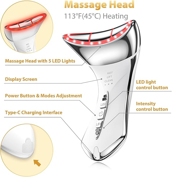 True Beauty Glow Facial Massager for Neck Care, Red Light for Face,Water Resistant 5-in-1 Led Facial Sculptor (White-Silver)