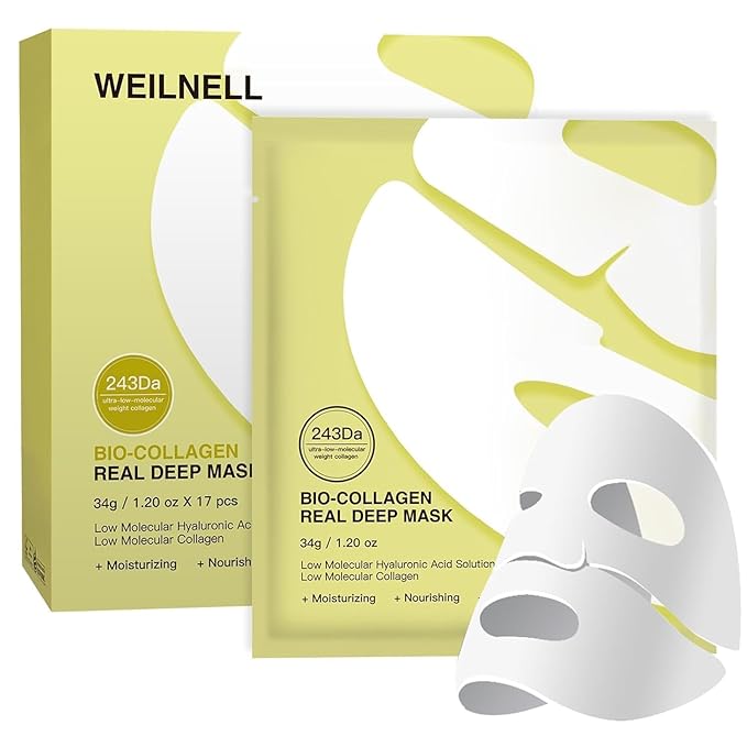 Bio-Collagen Overnight Collagen Face Mask, Deep Collagen Anti-Wrinkle Lifting Glass Glow Face Mask for Moisturizing, Firming, Glowing Skin Care, Bio Collagen Sheet Mask for All Skin Types, 17 Packs