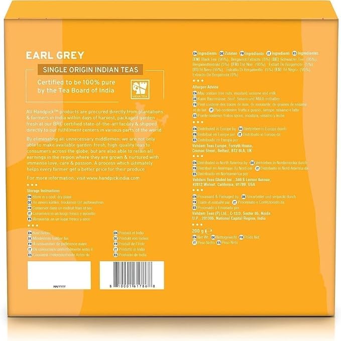 HANDPICK, Earl Grey Black Tea Bags (100 Count) Double Bergamot Oil | Caffeinated, Earl Grey Tea Bags | Flavoured With Citrus and Bergamot Brew Hot/Iced Tea with or without milk