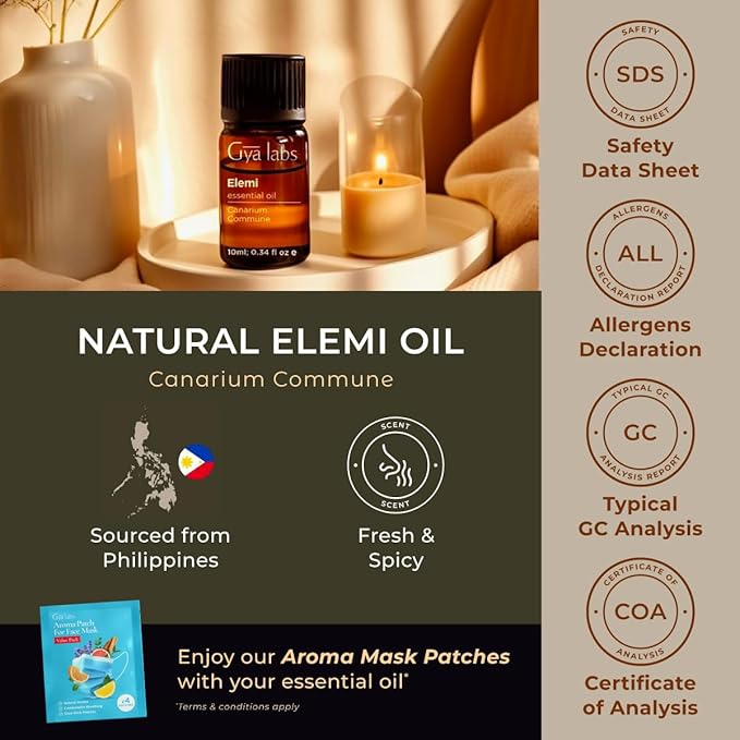Gya Labs Elemi Essential Oil for Skin - 0.34 Fl Oz - 100% Pure Natural Elemi Oil for Diffuser, Massage, Aromatherapy, Candle Making & DIY - Fresh, Citrusy & Peppery Scent