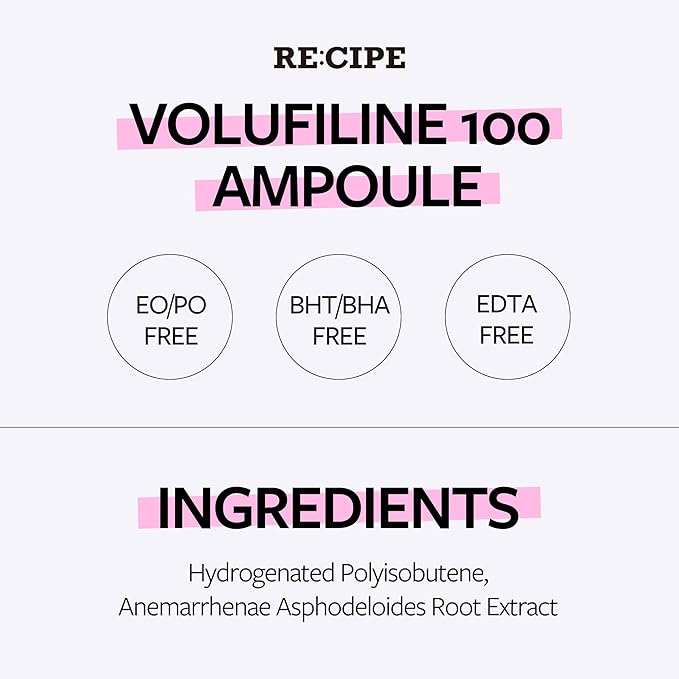 RECIPE Volufiline 100% Ampoule - Pure Volufiline Serum from Sourced from Sederma, France - DIY Skin Care Booster for Face & Body – Hydrating & Age-Defying Formula for Elevated Resilience (0.33 fl oz)