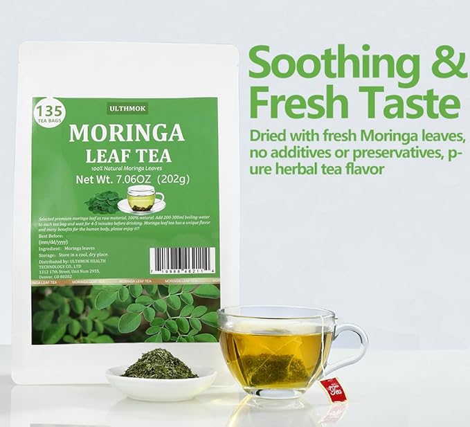 Premium Moringa Tea,135 Tea Bags/7.15OZ,100% Pure Moringa Leaves,Natural & No Additives.