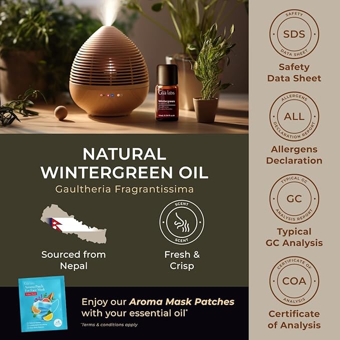 Gya Labs Wintergreen Essential Oil for Diffuser - 0.34 Fl Oz - 100% Pure Natural Wintergreen Oil for Skin, Hair, Candle Making, Massage & Refreshing, Crisp & Woodsy Scent
