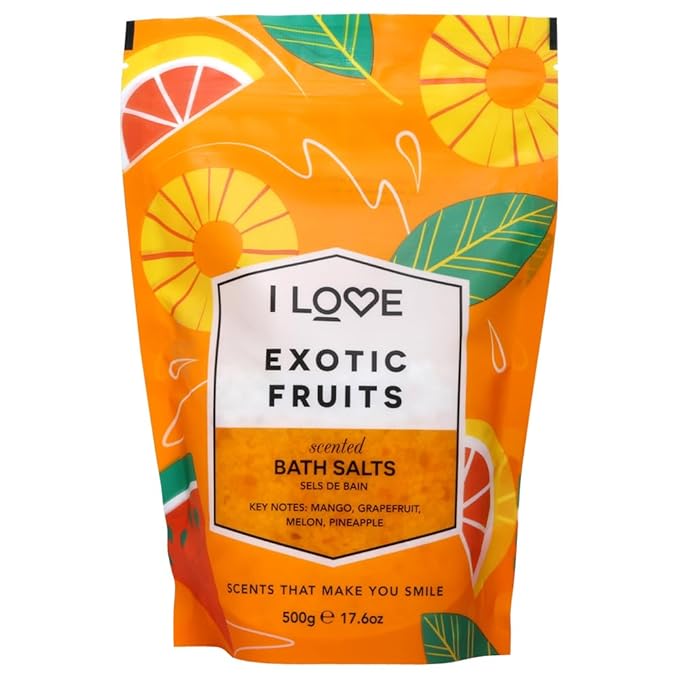 I LOVE Exotic Fruits Scented Bath Salts - Moisturizing Bath Soak for Dry Skin - Skin-Softening Bath Salts - Invigorating Citrus Fragrance - 17.6 oz