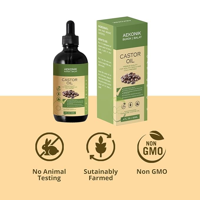 Organic Cold Pressed Castor Oil - Promotes Hair Growth, Scalp Health & Deep Moisturization - Pure & Natural Healing Properties - Versatile Use for Hair, Skin & Eyelash Growth | 4fl oz (120 ml)